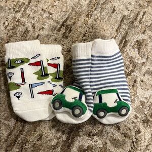 Mudpie Newborn Grip Socks with Golf and Stripes Design
